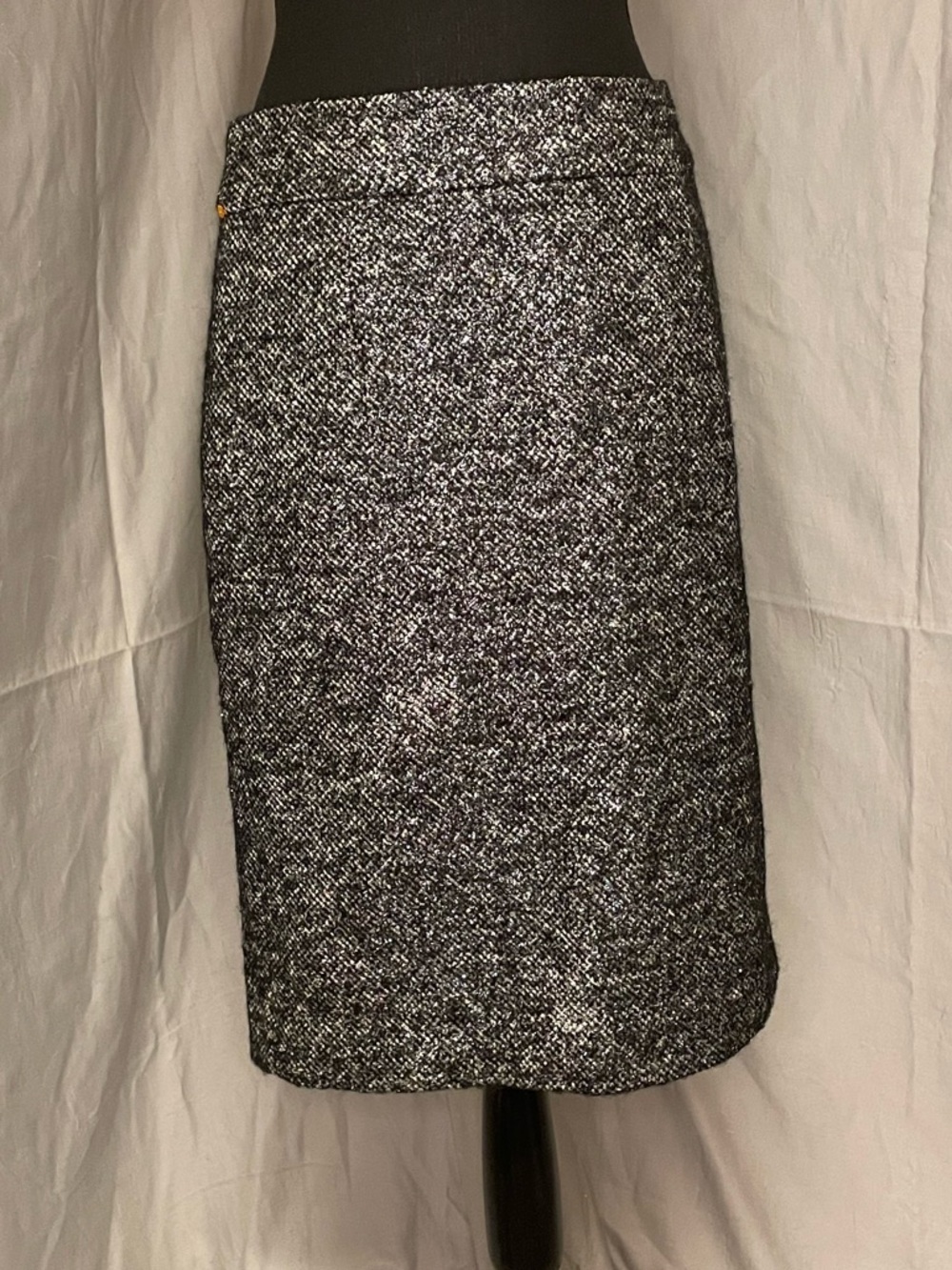 J. Crew Black and White Silver Metallic Tweed Wool Alpaca Blend Pencil Skirt